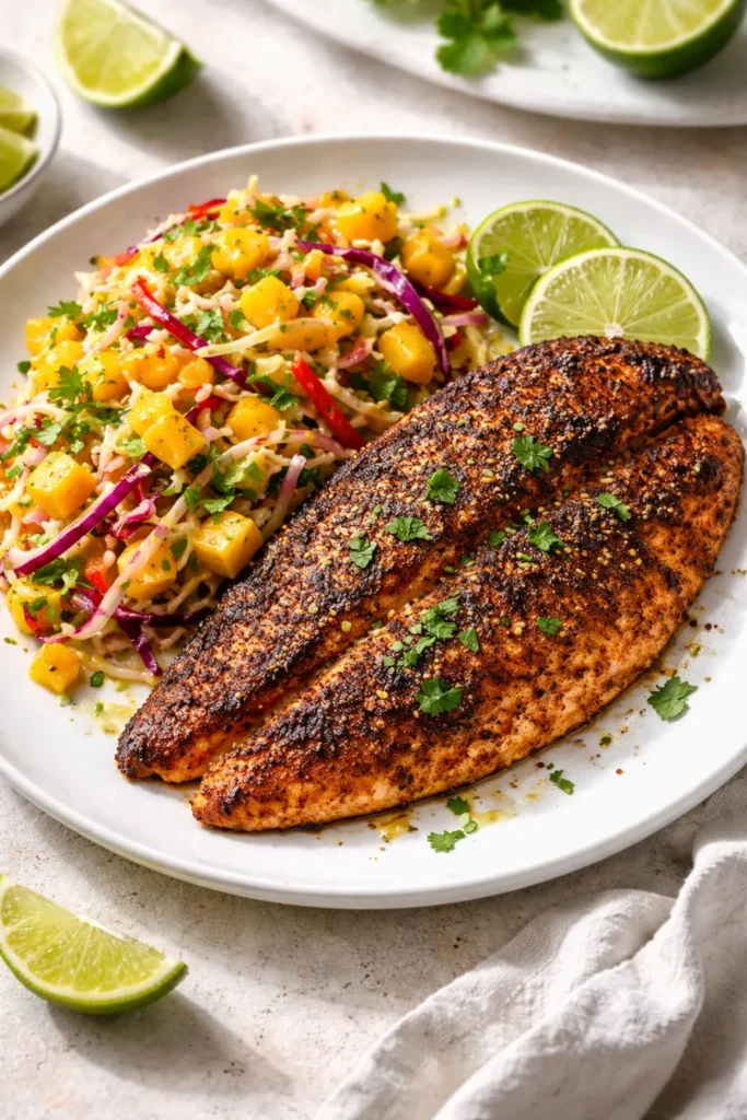 Blackened tilapia with mango-lime slaw on a bright plate