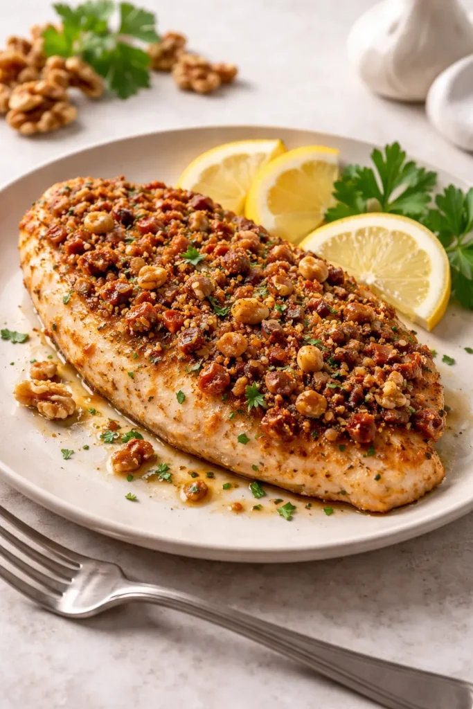 Tilapia with tomato walnut crust on a plate