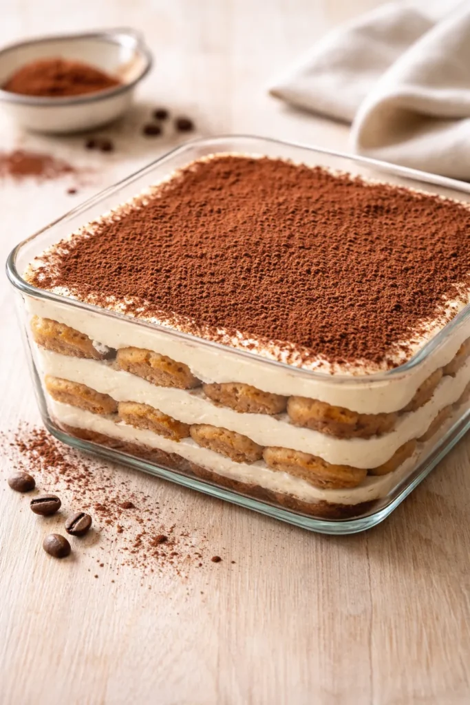 Layered tiramisu in dish with cocoa dusting