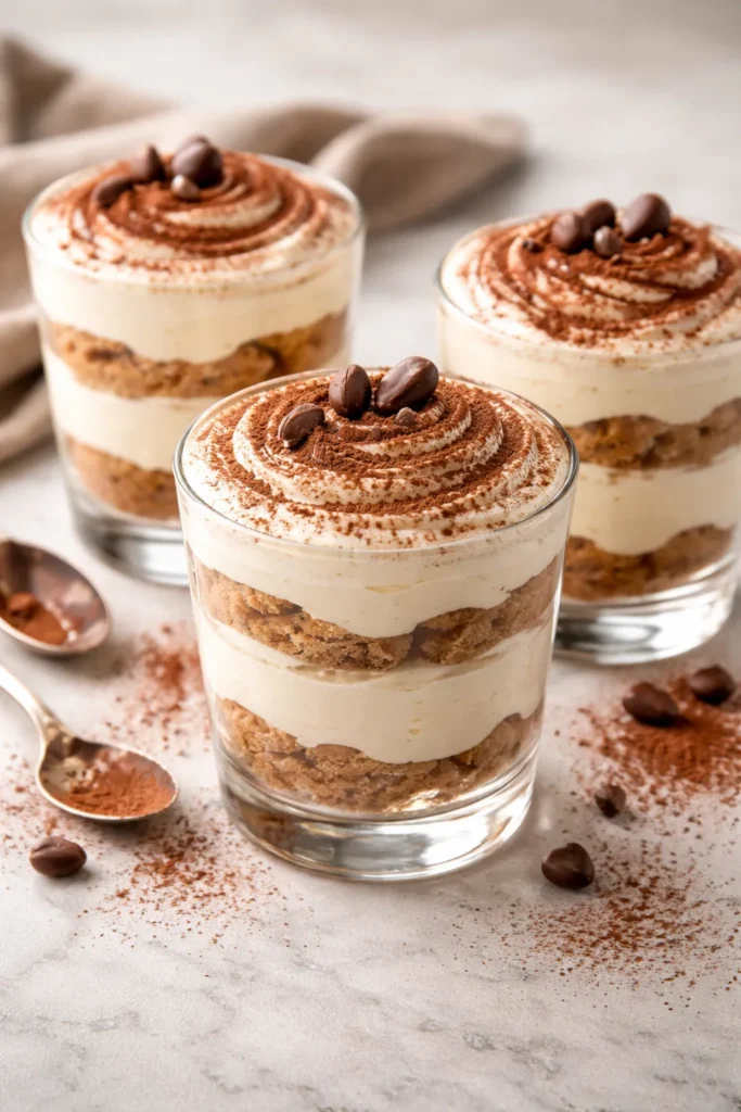Layered tiramisu mousse in clear glasses with cocoa dusting