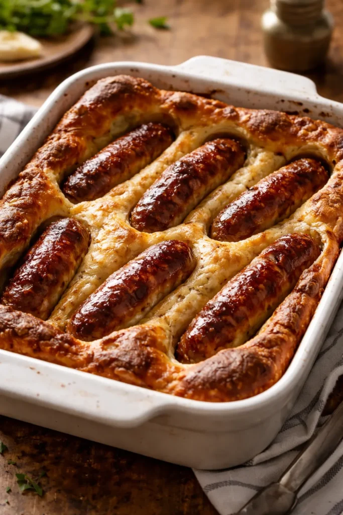 Close-up of toad in the hole showing sausages in risen Yorkshire pudding with golden edges