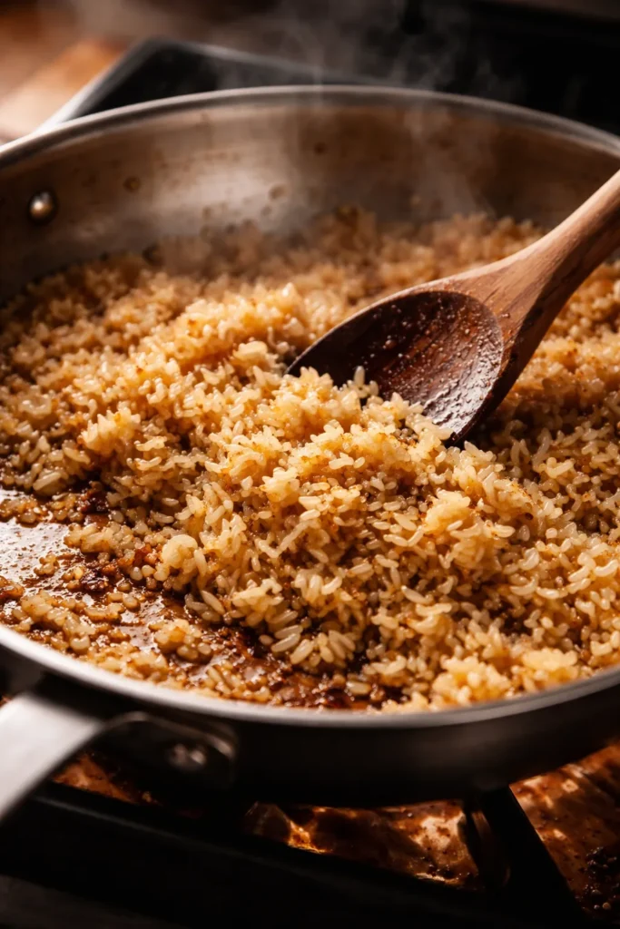 Close-up of rice toasting in a pan with fat and fond