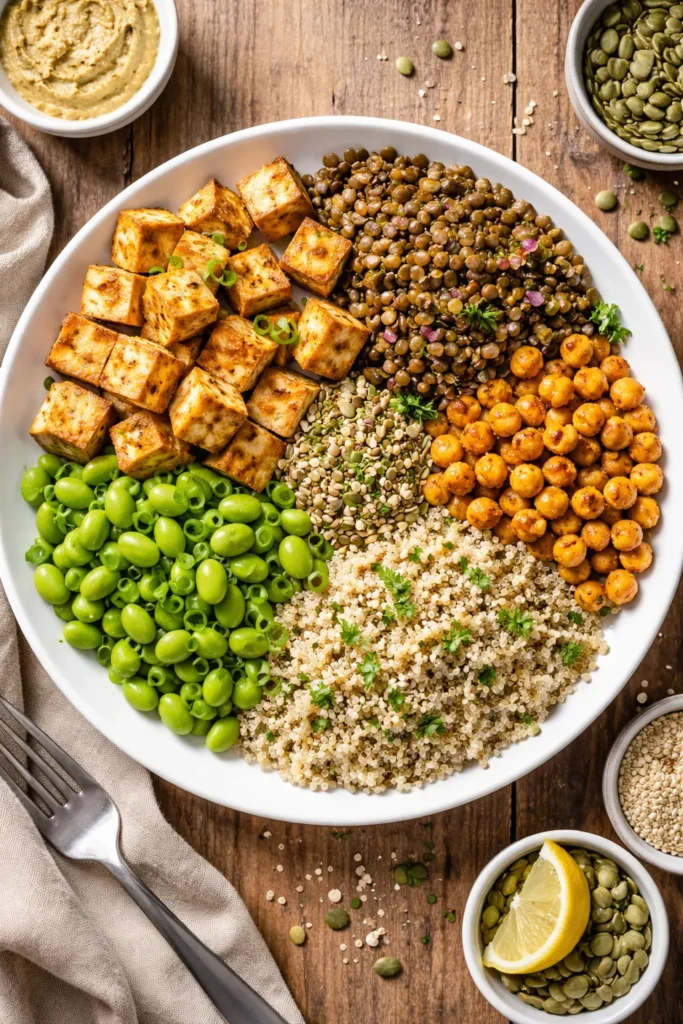 Plate showing multiple plant protein sources arranged in sections