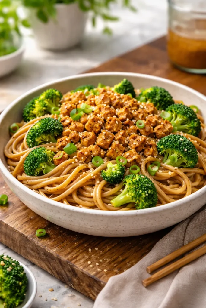 Close-up of Five-Spice Tofu Noodle Bowl with almond butter sauce featuring browned tofu, noodles, broccoli, and sesame seeds.