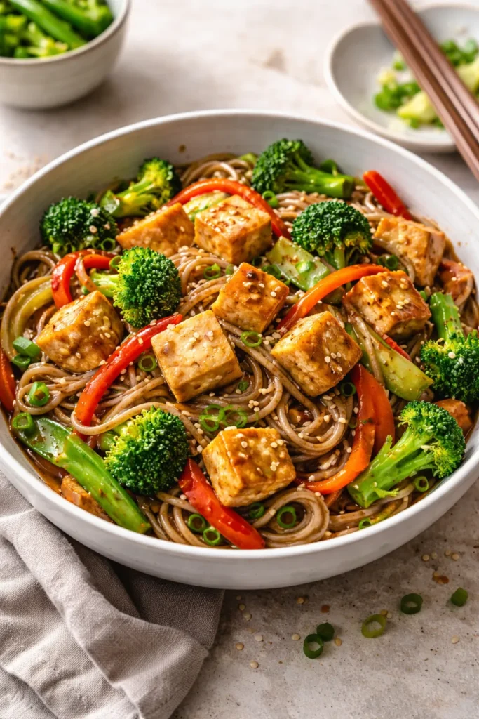 Tofu soba stir-fry with broccoli and carrots in glossy sauce in a bowl