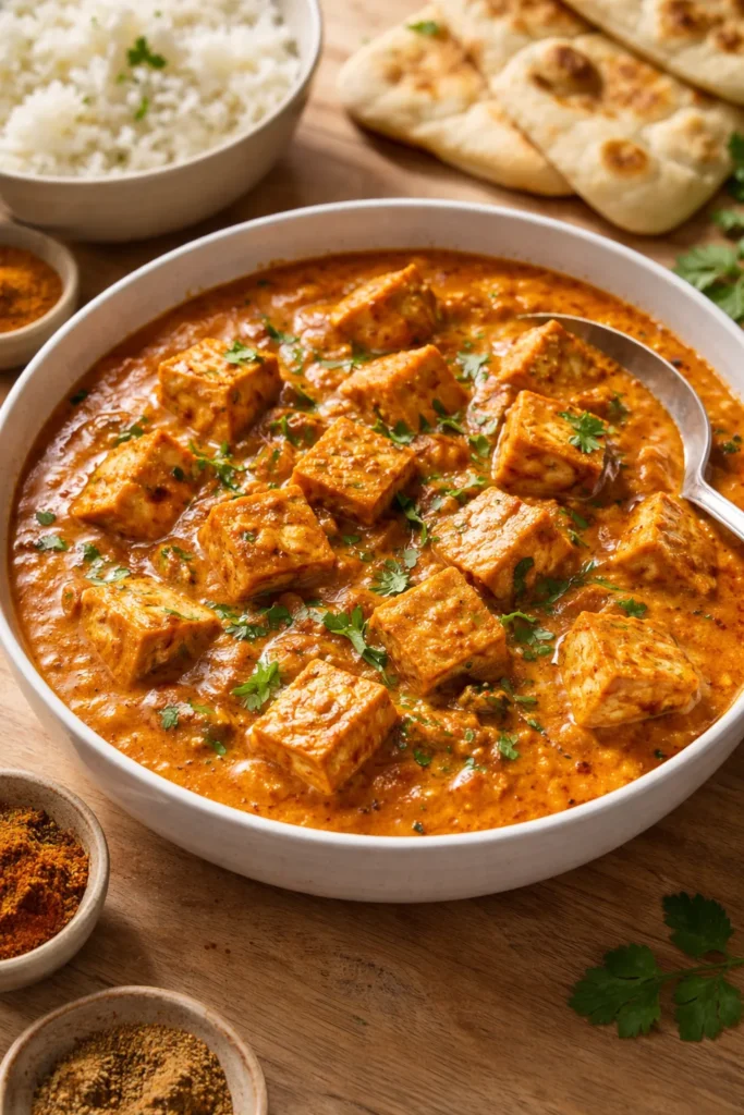 Tofu cubes in tikka masala sauce in a bowl