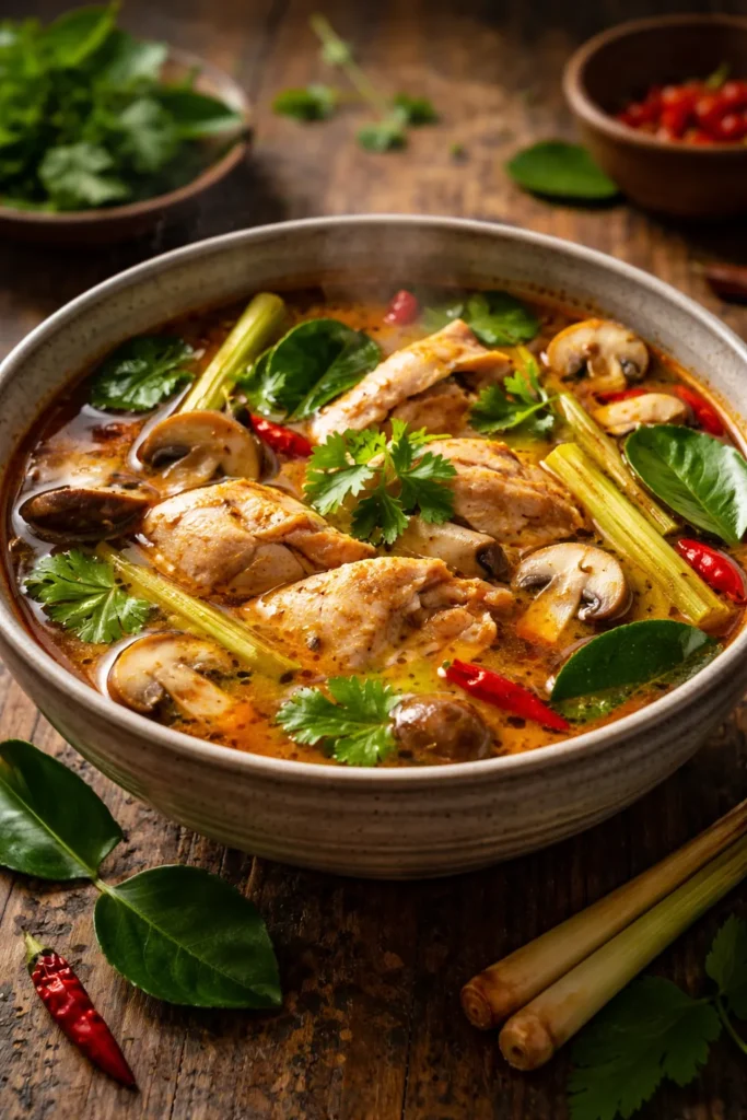 Close-up of Tom Yum Chicken Soup with Lemongrass and Mushrooms in a bowl