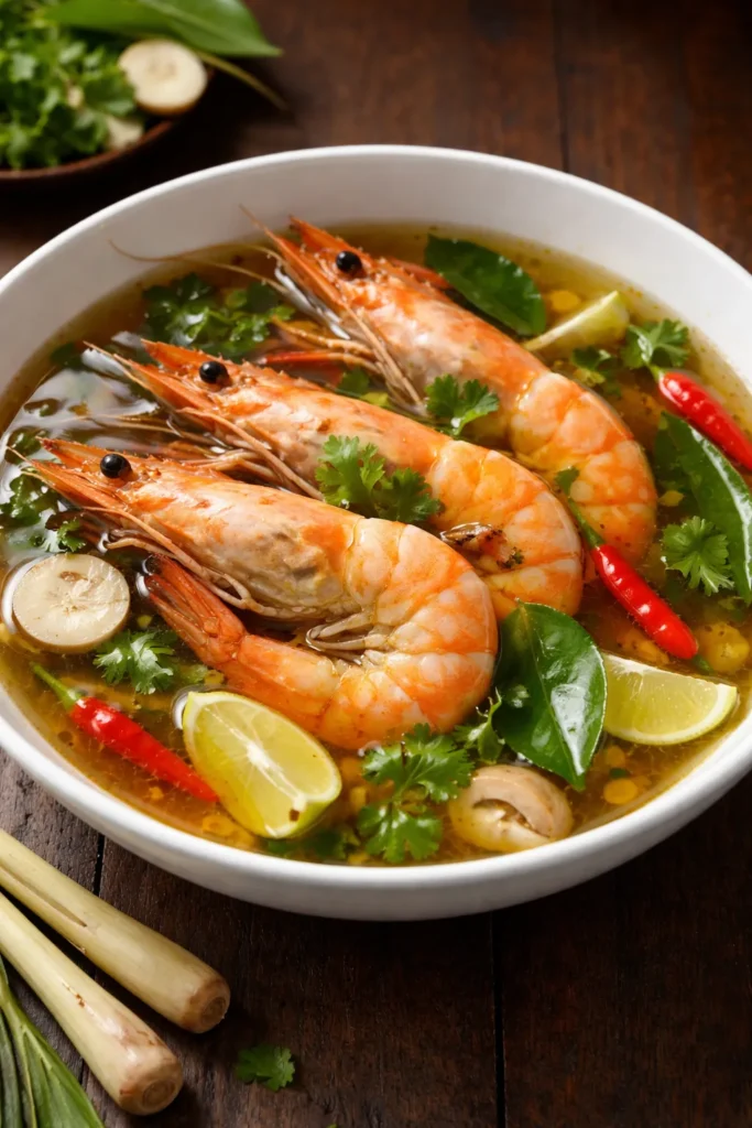 Clear amber Tom Yum Goong with prawns in shells