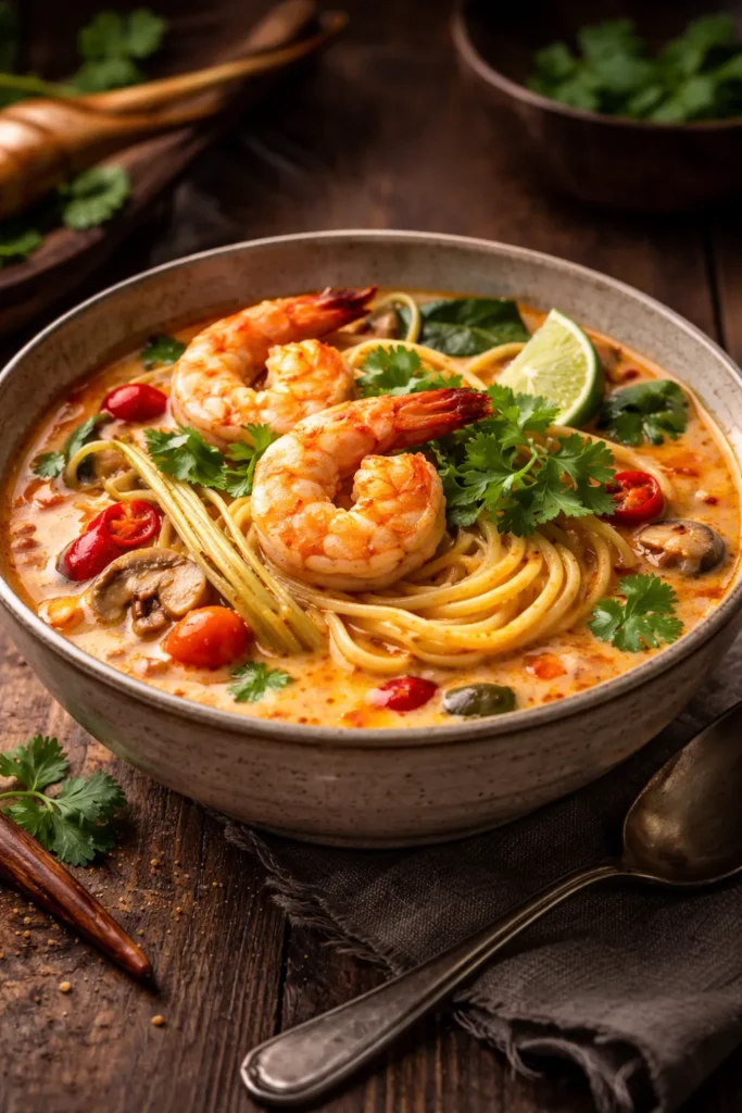 Tom Yum Kung with coconut milk and noodles