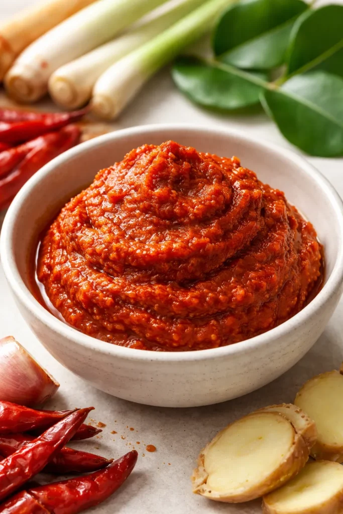 Close-up of bright red tom yum curry paste in a bowl