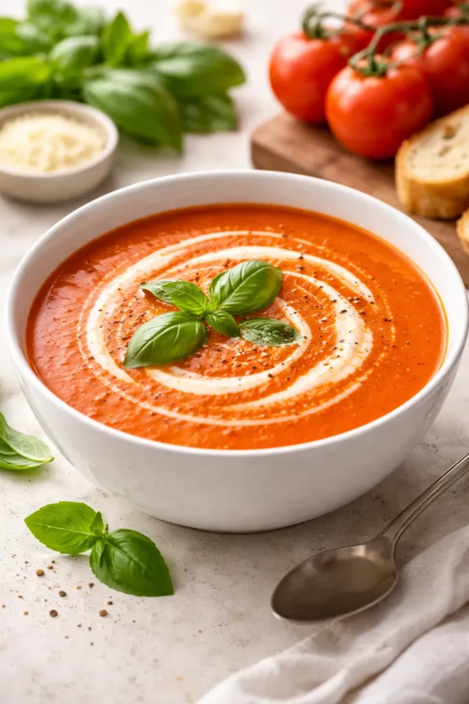 Creamy tomato basil soup in a bowl with basil garnish