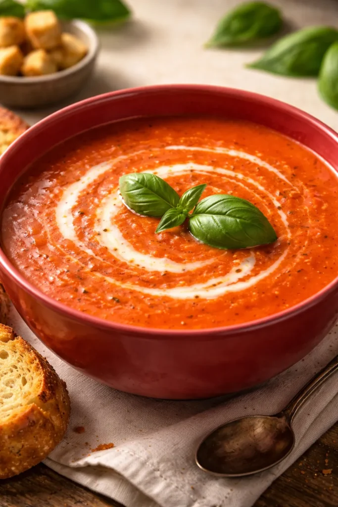 Classic tomato basil soup in a red bowl with basil leaf garnish.