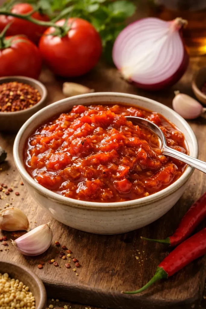 Red tomato chutney with onion pieces in a small bowl