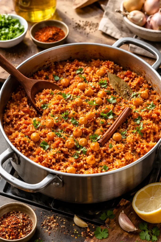 Tomato rice with chickpeas in a pot, fragrant and spiced