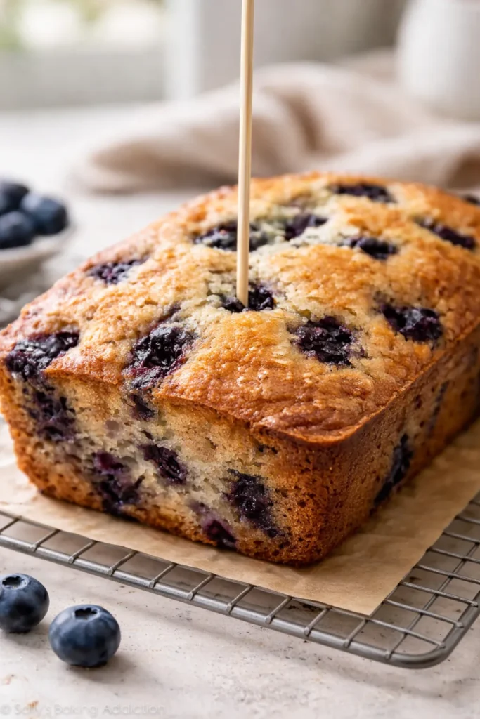 Toothpick inserted into center of blueberry muffin bread to test doneness