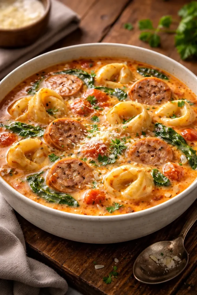 Bowl of creamy sausage tortellini soup with sausage and spinach