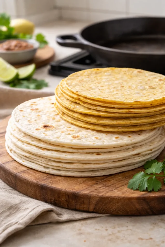 Close-up of warm corn and flour tortillas stacked on a wooden board