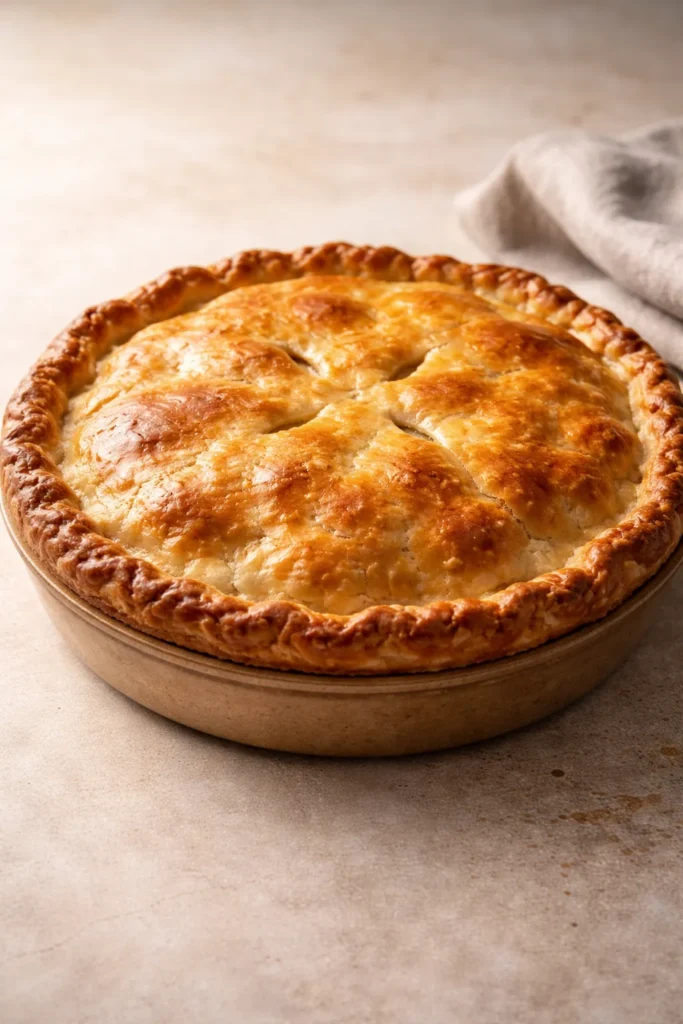 Whole tourtière pie with golden crust on a neutral surface