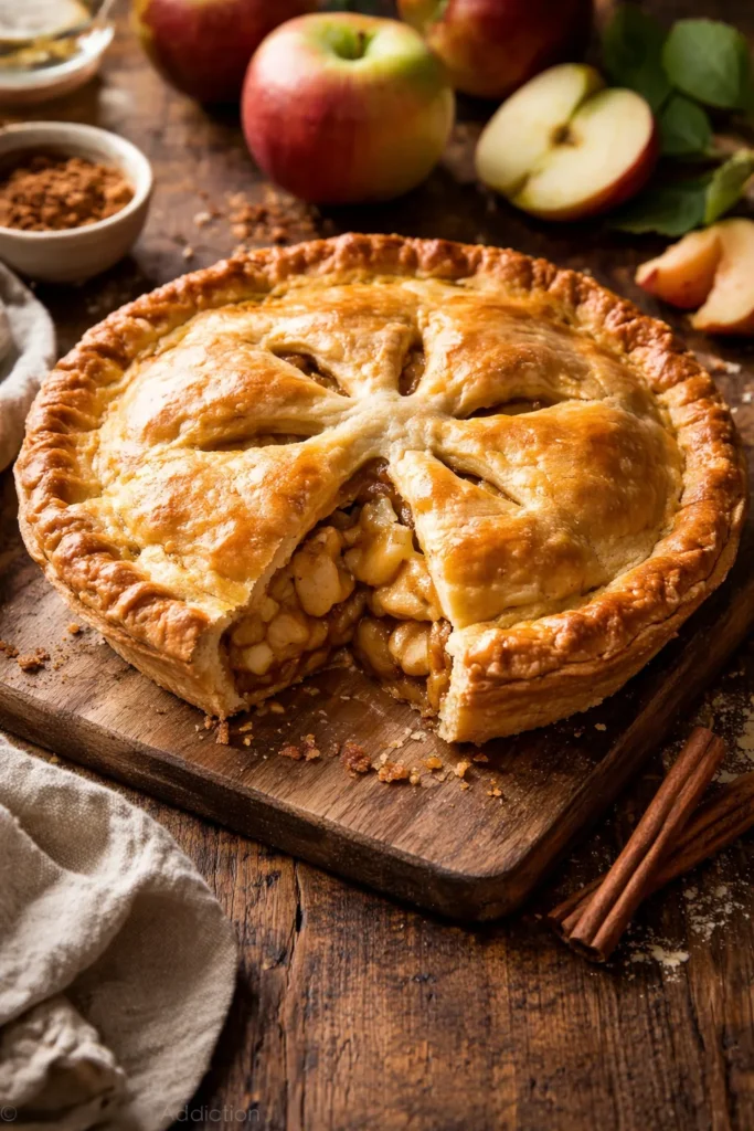 Traditional grandma's apple pie with double crust on wooden board, warm kitchen light