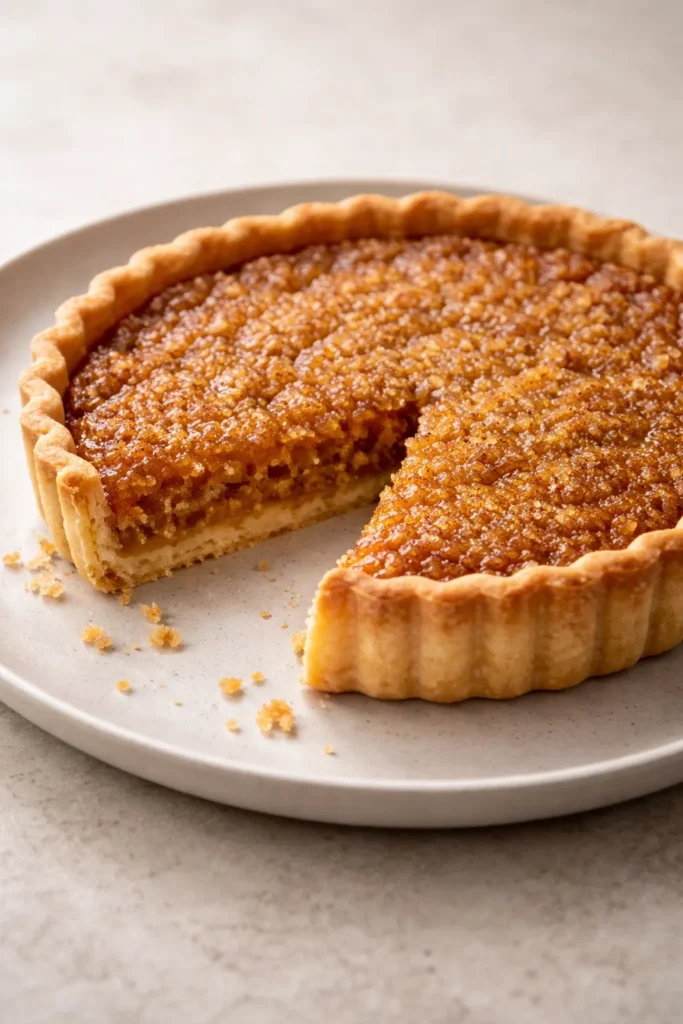 Treacle tart with a golden crust and glossy amber filling on a plate