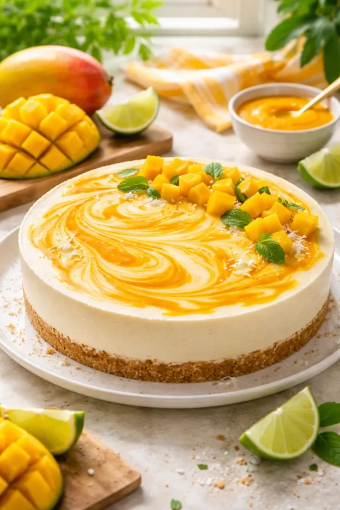 Bright Mango Cheesecake with mango swirl on top