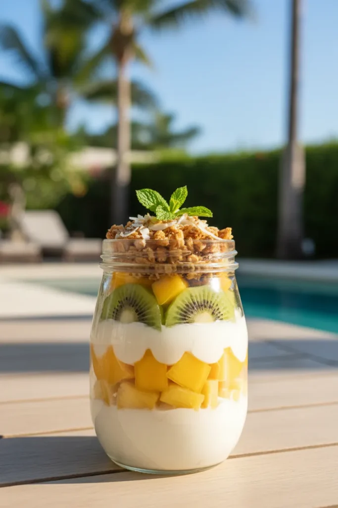Tropical fruit parfait with pineapple, mango, kiwi, and coconut flakes