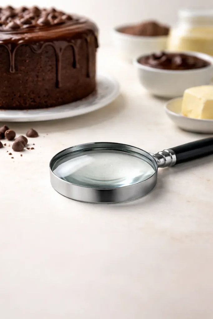 Close-up of a magnifying glass on a plain white surface symbolizing troubleshooting in baking