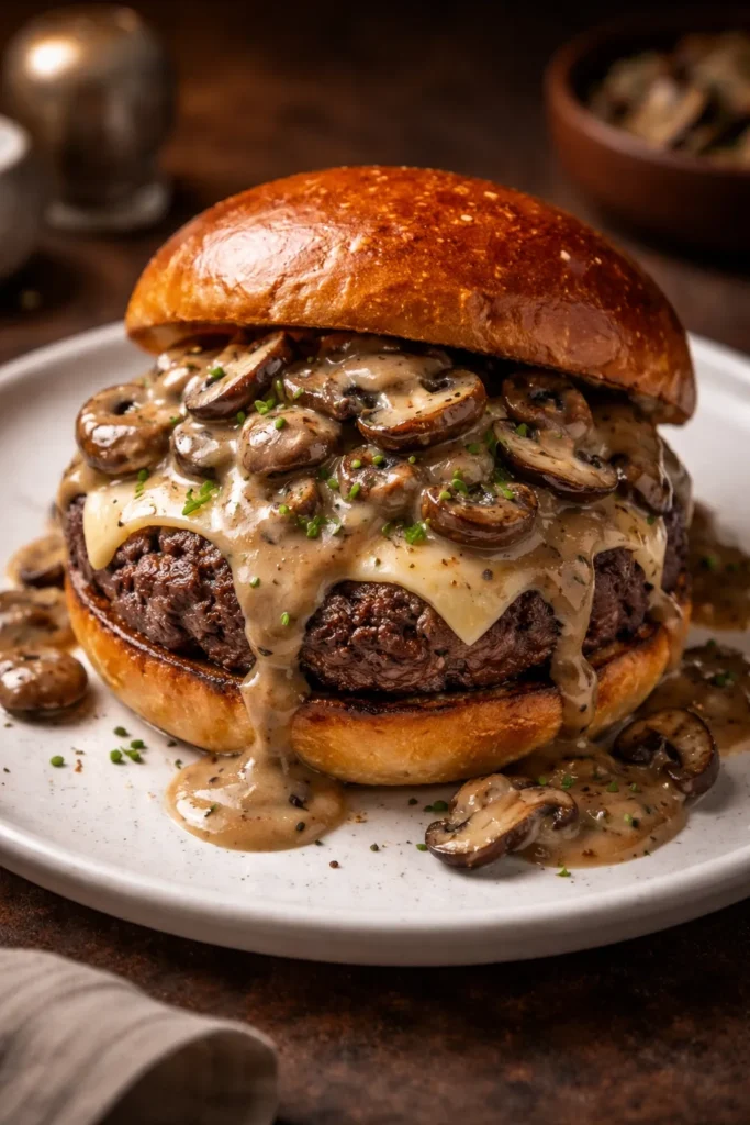 Beef patty with Swiss cheese and mushroom gravy