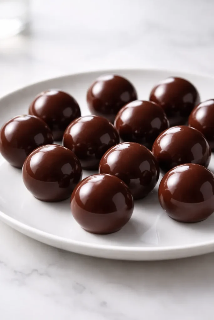 Close-up of glossy chocolate truffles on a white plate