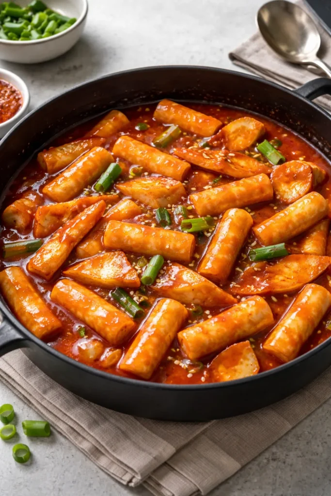 Tteokbokki rice cakes in a bright red spicy sauce