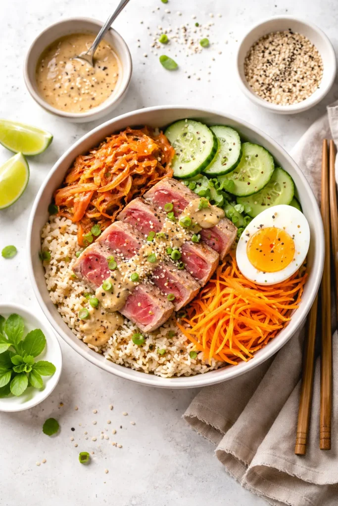 Top-down tuna power bowl with sesame dressing, kimchi, cucumber, carrot, and egg