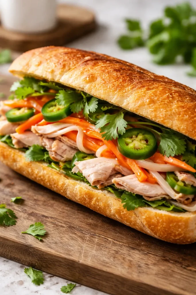 Cross-section of turkey banh mi sandwich