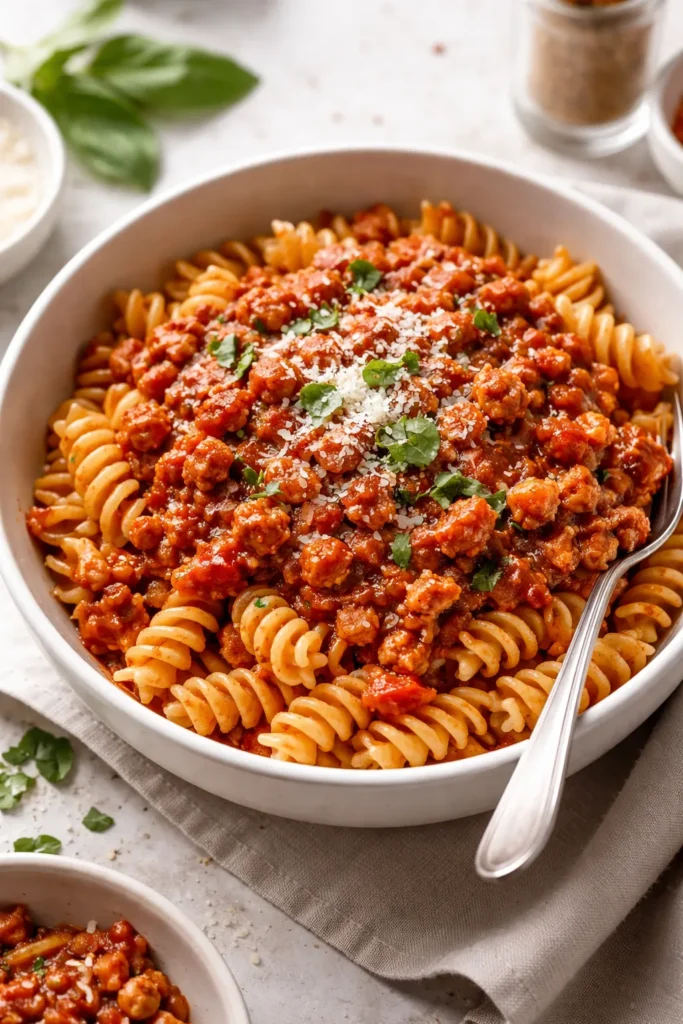 Bowl of turkey bolognese over chickpea pasta