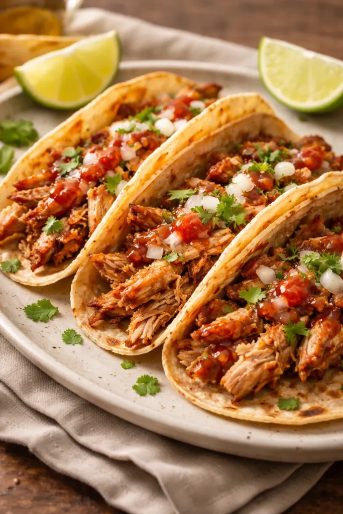 Crispy shredded turkey carnitas tacos on a plate