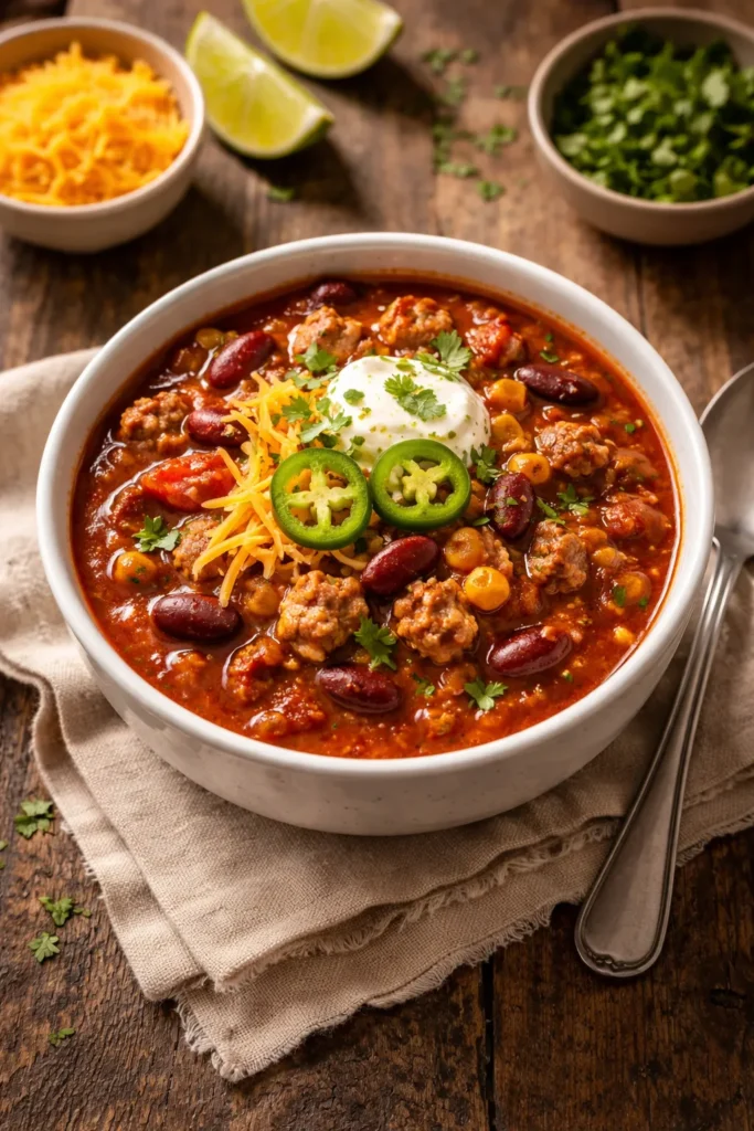 Single-serving turkey chili in a bowl with beans and meat