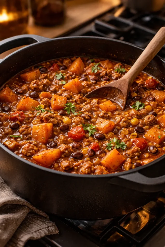 Turkey and sweet potato chili with visible potato chunks