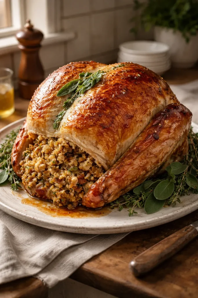 Golden turkey crown with sage butter and visible stuffing