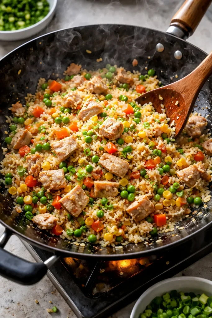 Turkey fried rice with vegetables in a wok