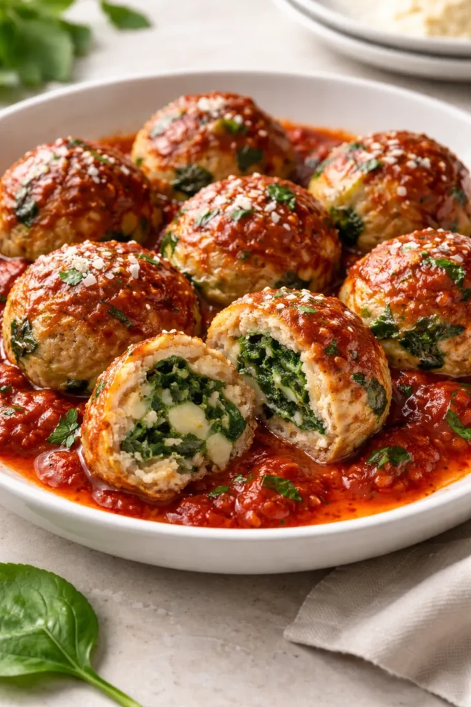 Spinach stuffed turkey meatballs in marinara sauce