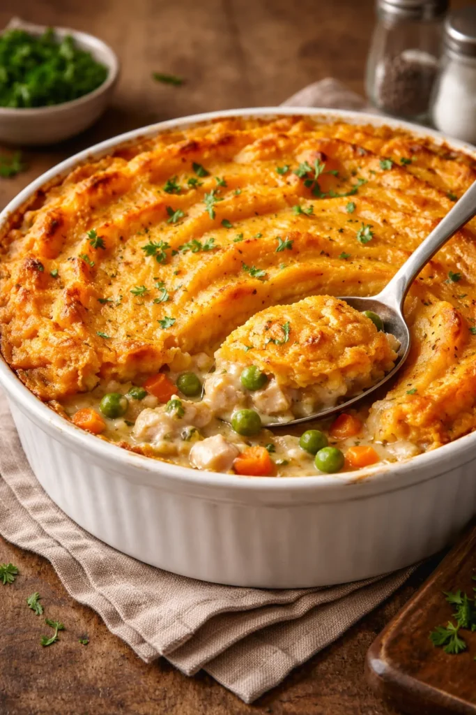 Pot pie topped with golden sweet potato topping