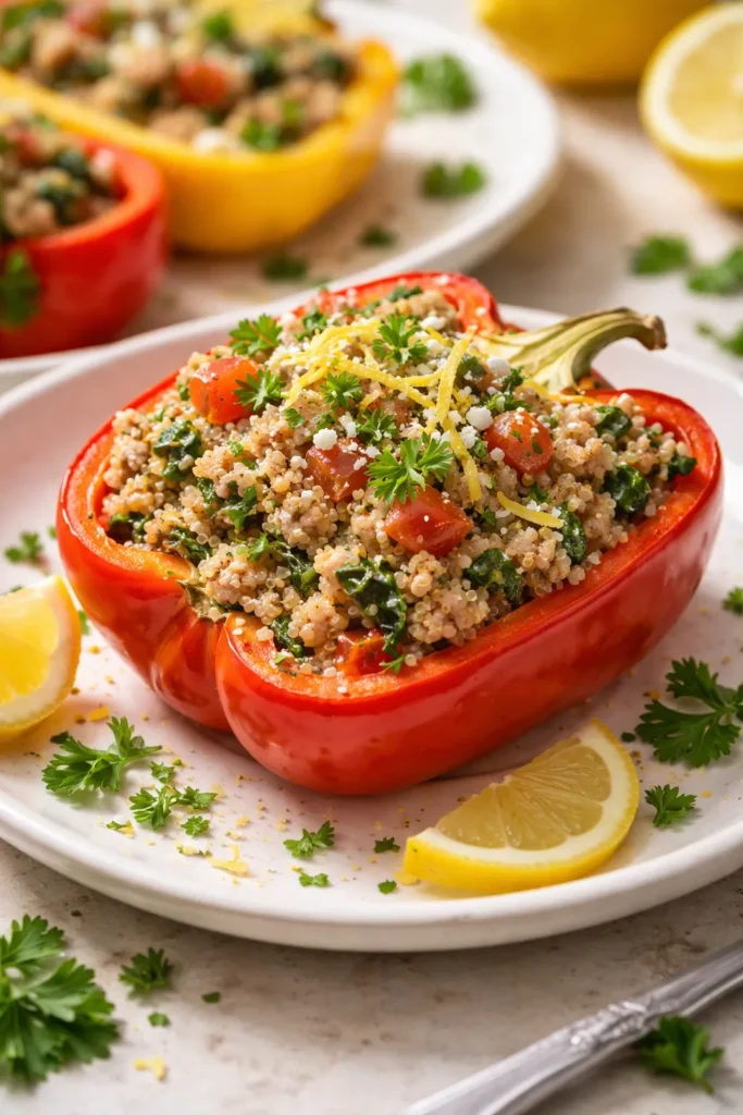Pepper half stuffed with turkey and quinoa, topped with lemon zest and herbs