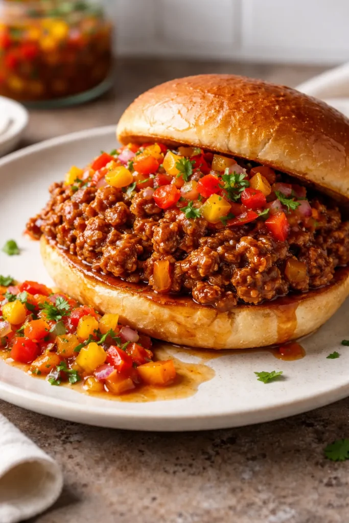 Toasted bun with turkey sloppy joe and side pepper relish on a simple plate