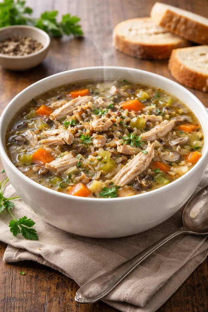Bowl of turkey wild rice soup with visible grains and turkey pieces
