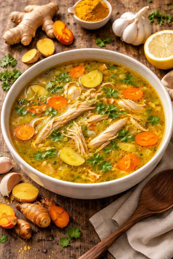 Golden turmeric and ginger chicken soup with shredded chicken in broth