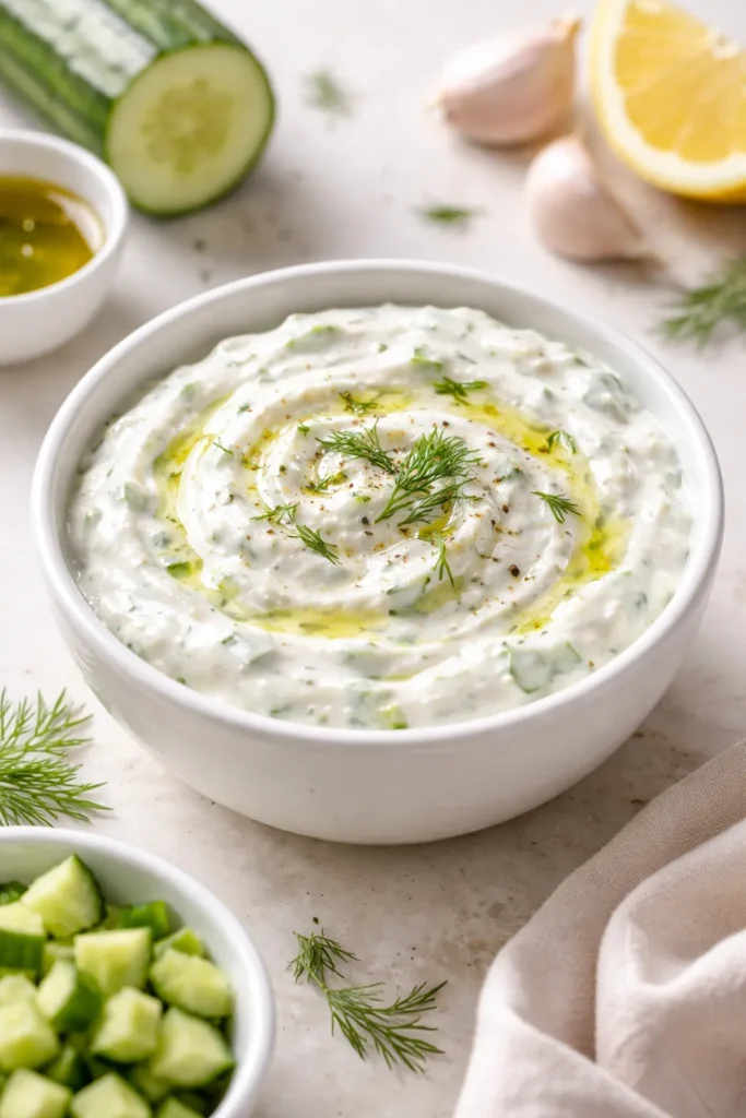 Thick creamy tzatziki in a white bowl with smooth surface