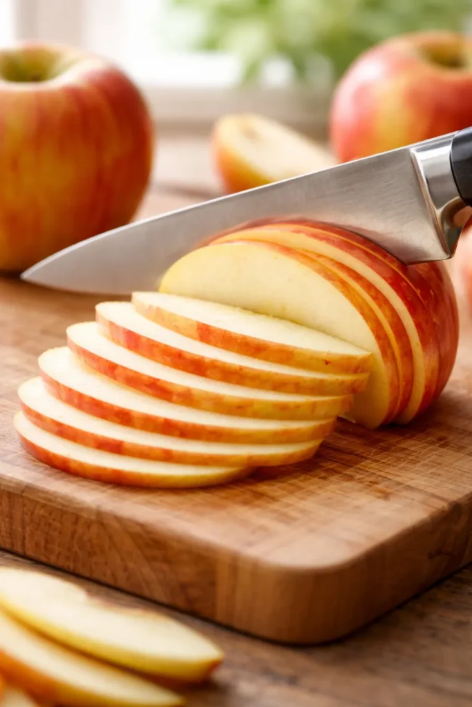 Uniform 1/4-inch apple slices on cutting board