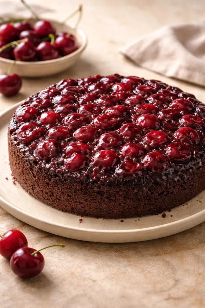 Round chocolate cherry upside-down cake with glossy cherry topping