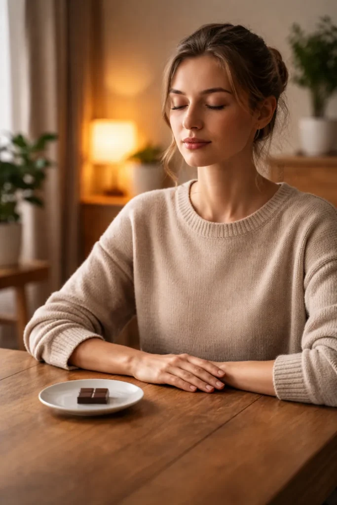 Mindful urge surfing scene with a small piece of chocolate