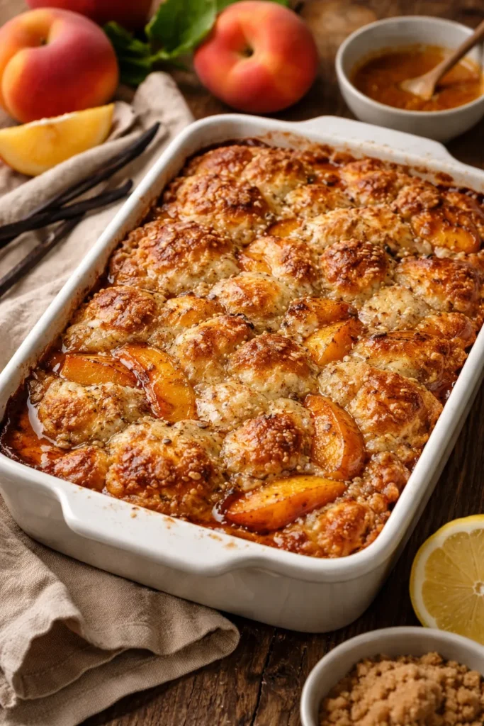 Peach cobbler with vanilla bean seeds and browned butter in a baking dish