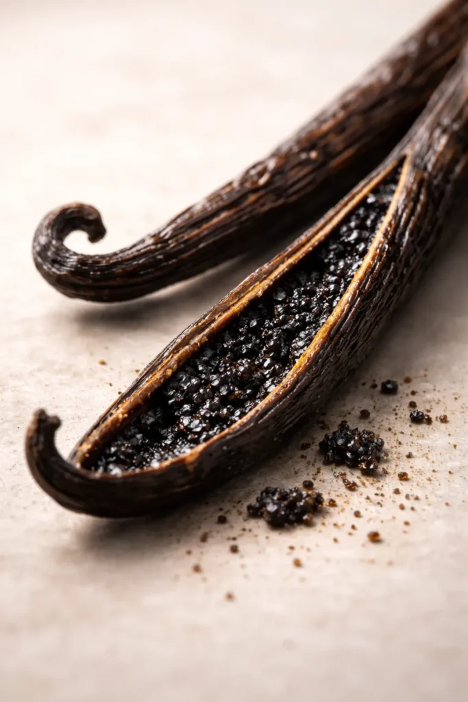 Vanilla bean pod on a plain surface.